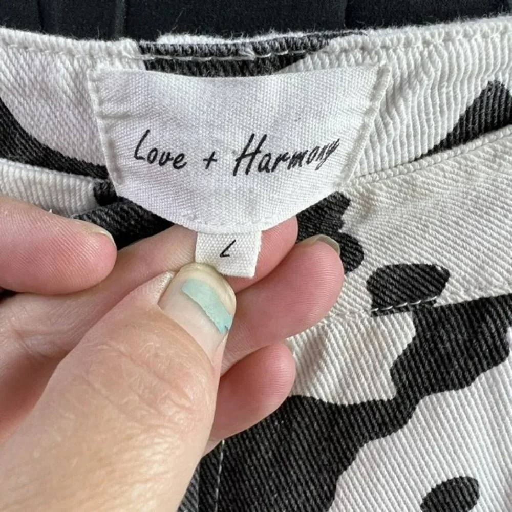 Love + Harmony Black White Cow Print Denim High Waist Pants Sz Large 30X29.5